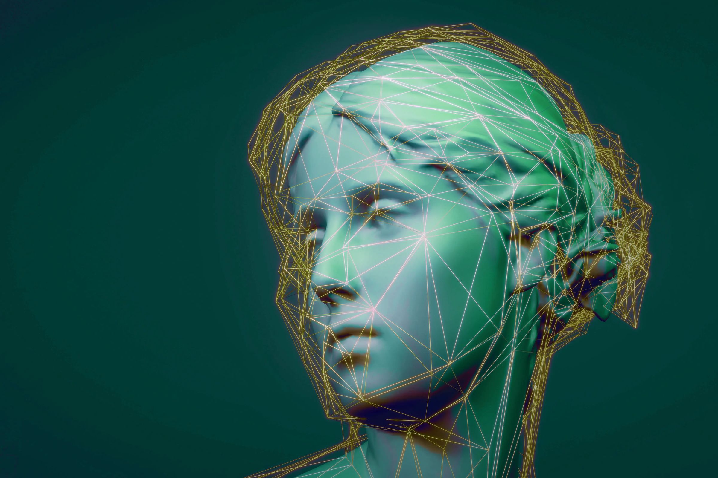 Busto classico ricoperto da una mesh tridimensionale dorata, sintesi di patrimonio e rilievo digitale